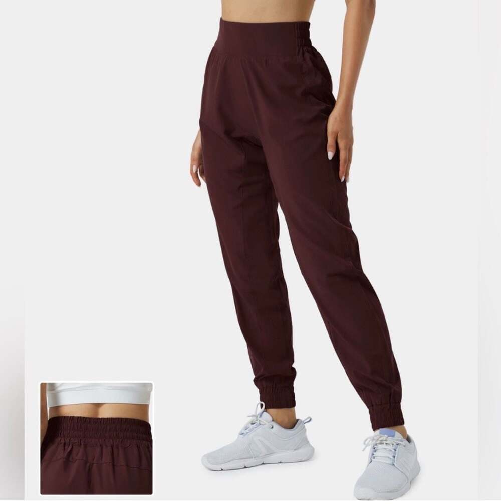Women XL Petite Stretch Waist, Ruched Tapered Quick Dry Joggers w/Pockets Maroon